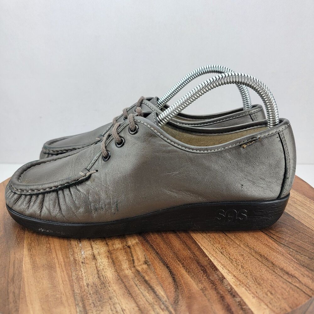 SAS Womens Size 8 WIDE Pewter Metallic Siesta Lace Up Leather Loafers